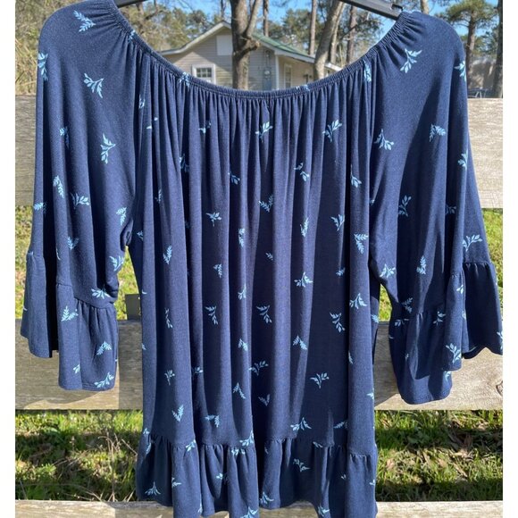 Style & Co Womens Vine Blue Peasant Top With Ruffled Hem Size OX - Picture 2 of 5